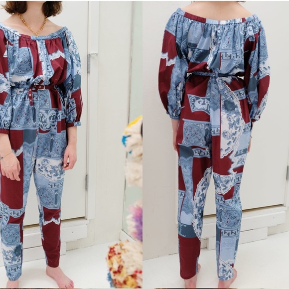 Rachel Comey solin jumpsuit Bordeaux size 6 off the shoulder scoop neck print - Picture 1 of 8